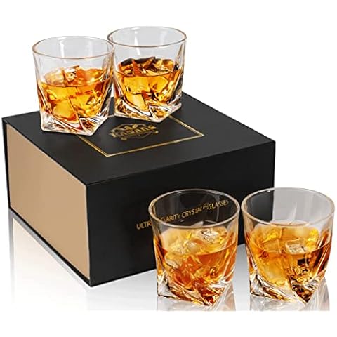 KANARS Whiskey Glasses Set of 4, 10 Oz Crystal Old Fashioned Cocktail Glass in Gift Box, Twisted Lowball Bourbon Tumbler for Scotch Whisky Cognac, Rock Barware for Men Gift Cover