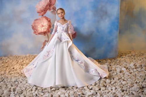 Girls Flower Embroidery Flower Girl Dresses Long Sleeves Wedding Dress Puffy Tulle Pageant Gown WT023