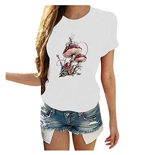 Shirt Damen O-Ausschnitt, Elegante Bluse Damen Rundhals Sommerblusen Elegante Blusen Tops Schicke Kurzarm Bluse Pilz Drucken T-Shirt Cover