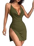 JOTWIS Women's Sexy Backless V Neck Mini Dress High Slit Club Night Out Party Cocktail Dresses (Army Green,XL)