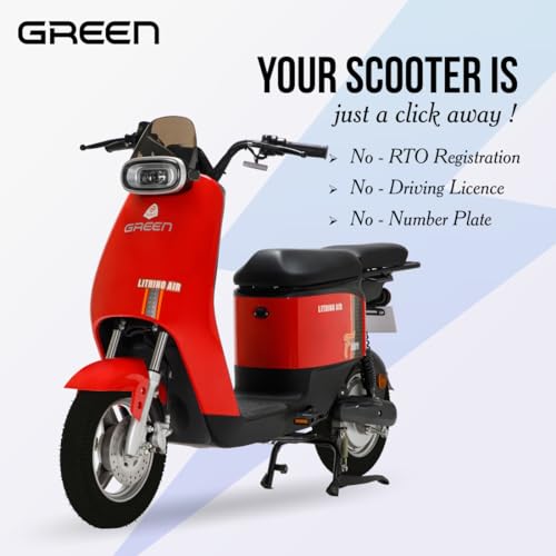 Image of Green Udaan Electric Scooter for adult�s commuter, No RTO Registration or DL required, 75kms Range & 25kmph, Comfortable Wider Deck E-Bike | Red