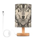 SDMKA Wolf Pattern Gray Bedside Table Lamp for Bedroom, Minimalist Nightstand Lamp with Round Fabric Shade for Living Room, Office, No Bulb Required