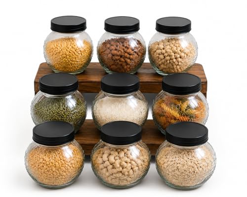 Image of Designer Transparent Glass Storage Jar with Black Plastic Airtight Lid, 900 ML Food Grade Kitchen & Pantry Storage Container, Size 8 X 14 X 14 cm, Ideal for Pulses, Dry Fruits, Pack Of 9