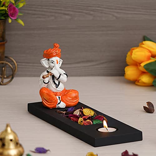 Image of eCraftIndia Orange White Resin Lord Ganesha Idol Playing Flute Showpiece Potpourri Rectangle Tea Light Candle Holder| Ganpati Murti Tea Light Holder Diwali Decoration Items for Home Decor| Diwali Gift
