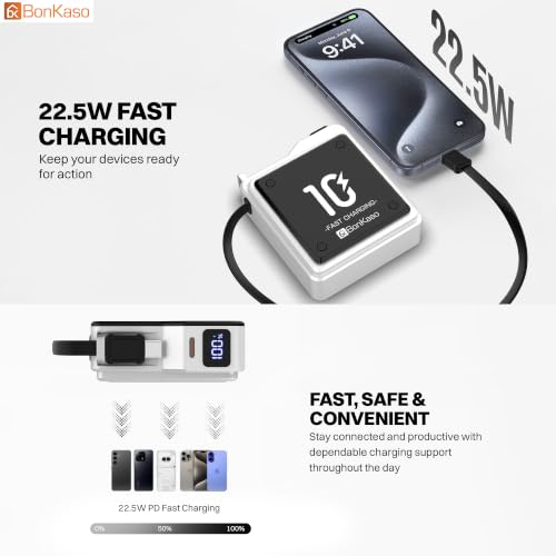 Image of Bonkaso 10000mAh 22.5W PD Power Bank with Inbuilt Type-C Cable, Digital Display, Metallic Silver Compact Portable Charger with Type-C Input & Output for Mobiles Tablets Earbuds