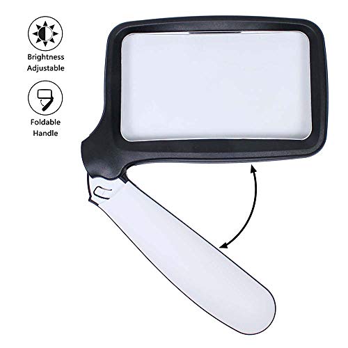 Image of 2X Rectangular Handheld Reading Magnifying Glass with Light, Folding Handle, 5 LED Lighted Magnifying Glass for Reading,Seniors, Low Vision, Macular Degeneration, Hobbyists (Black and White)