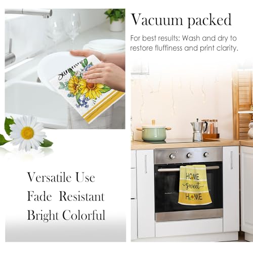 Image of Summer Hello Sunshine Sunflower Kitchen Towels, Yellow Flowers Dish Towels Set of 2, Spring Home Sweet 18 x 26 Inch Hand Towel Quick Drying Dishcloth Decor for Kitchen Bathroom Home