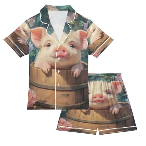 ALAZA Cute Pig Blossom Flower Satin Pajamas Set Short Sleeve Button Down Sleepwear Summer Pjs 2 Piece