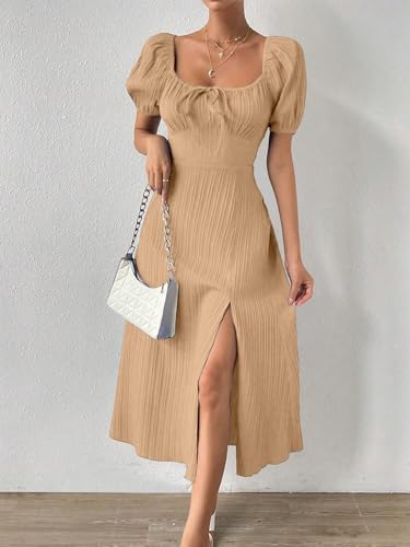 Image of Shasmi Women's & Girl's Tie Front Split Thigh Milkmaid Maxi Dress - Square Neck Puff Sleeve A-Line Long Dress, Elegant Casual & Parties Wear for Ledies (Dress 245)