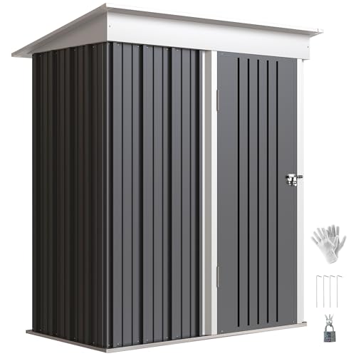 Outsunny 5x3ft Garden Shed, Outdoor Metal Shed with Adjustable Shelf, Pent Roof, Lock and Gloves for Patio Tool Storage, Dark Grey with Foundation Kit