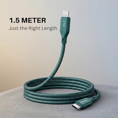 Image of PHILIPS DLC4150LT /94 27W iPhone Original Type-C to Lightning Fast Charging Cable (1.5m, Crystal Teal) | MFi Certified | 480Mbps | Nylon Braided | Compatible with iPhone & Other Lightning Devices