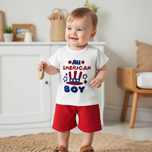 Toddler Baby Boy 4th of July Outfit American Flag Embroidery Waffle Knit T Shirt Shorts Set Patriotic Clothes2