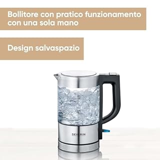 SEVERIN Mini Bollitore in Vetro, 0,5 Litri, 1100W, con Filtro Anticalcare Removibile, 100% BPA Free, Spegnimento Automatico, 17,5 x 10,5 x 19,3 cm, Vetro/Inox/Nero - WK 3472