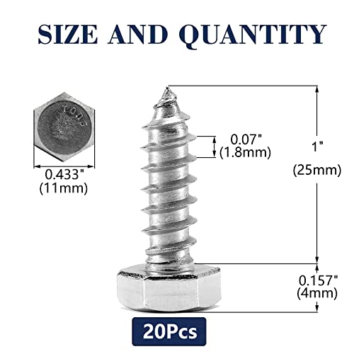 Image of 1 /4 inch x 1 inch Hex Head Lag Screws Bolts 20Pcs 304 Stainless Steel 18-8, Partial Thread, Hexagon Head Wood Screws by SG TZH
