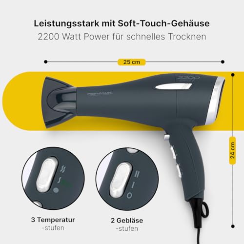 Profi Care Haartrockner mit 3 Leistungsstufen, Aufhängeöse, Haartrockner mit Cool Shot und Formdüse, 2 Gebläsestufen mit 2200W, inkl. 2 Ersatzfilter - PC-HT 3045 grau 2
