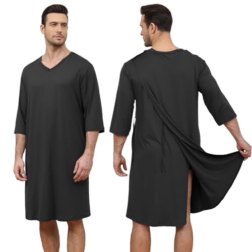 Liokoc Soft Elastic Men's Hospital Gown with Shoulder Snaps, Waist Drawstring, Side Pockets, Patient Gown for Men Black