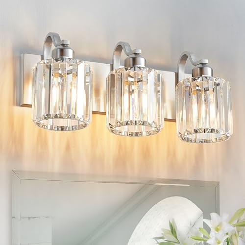 Aixialin Modern Vanity Light 3-Lights Brushed Nickel Vanity Light Crystal Bathroom Wall Light Bathroom Light Fixtures with Round Shade (Exclude Bulb)