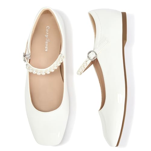 Womens Dressy Mary Jane Flats Square Toe Pearl Strap Flat Dress Shoes for Wedding Guest Party Church Date Night