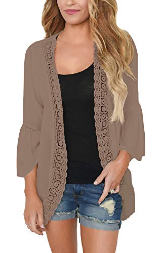 PRETTODAY Women s Summer Kimono Cardigans Ruffle Bell Sleeve Sweaters Lace Cover Up Loose Blouse Tops (Large, Coffee)