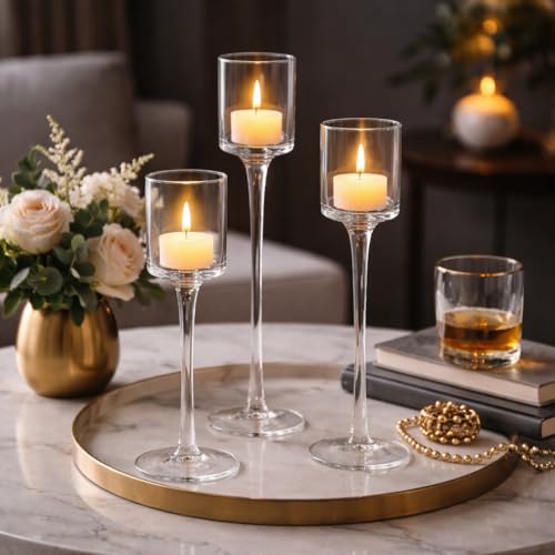 Marco Paul Set of 3 Clear Stemmed Glass Tealight Holders Tall Pedestal Candle Holders in 3 Sizes Elegant Votive Candle Stands for Wedding Centrepieces, Spring Easter Table Decor