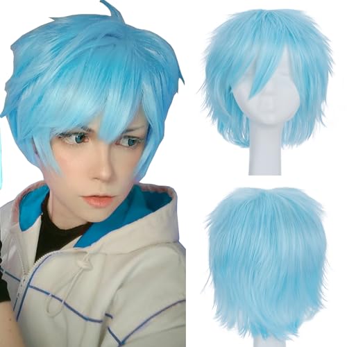 Image of S-noilite Unisex Short Cosplay Wig Short Pixie Fluffy Hair Wigs for Women Men Halloween Anime Party Dress Costume Hairstyle Heat Resistant Straight Synthetic Hair Wigs Light Blue