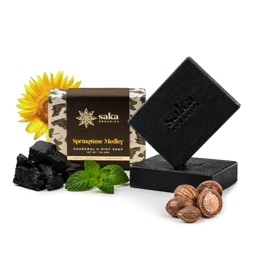 Image of Saka Organics Activated Charcoal & Mint Bath Soap with Shea Butter, Pack of 2 (120g Each) | Handmade Cold-Processed Soap | Deep Cleansing, Gentle Exfoliation & Refreshing | Sulphate & Paraben Free