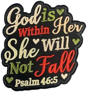 MOKOBOIZ God is Within Her She Will Not Fall 3 Inches Iron On/Sew On Embroidered Applique Patches, Psalm 46:5 Embroidery Patches, Faith DIY Accessories for Backpacks, Army Vests, Bags, Hats, Clothes