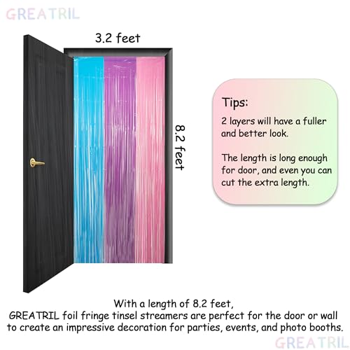 Image of Blue Purple Pink Tinsel Backdrop - GREATRIL Pastel Foil Fringe Curtain Streamers for Pony Theme Birthday Mermaid Shower Unicorn Girls Party Decorations 2 Packs
