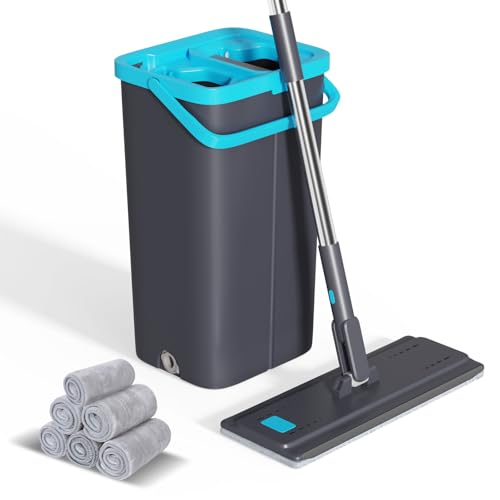 Eukue Wischmopp Set mit Eimer, Bodenwischer mit Auswringfunktion und 6 Mikrofaserpad, 2 in 1 Putzeimer mit Wischmop, Wischmop Set für die Reinigung von Fußböden