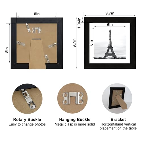 Image of iRahmen 8x8 Vintage Picture Frame with Mat 6x6 - High Definition Real Glass Wooden Photo Frames for Tabletop Display and Wall Mounting (Black, Set of 4)