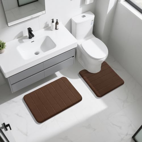 Image of Yimobra Memory Foam Bath Mat Set 2 Piece - Super Soft Absorbent Quick Dry Bathroom Toilet Rugs, Machine Washable Non Slip Floor Carpet for Tub Shower & Single Sink (31.5x20 & 24x20, Brown)