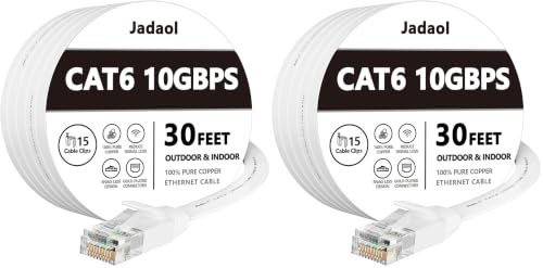 Image of Jadaol Cat6 Ethernet Cable 30FT with Clips 10Gbps Flat Network Cable, White (Pack of 2)