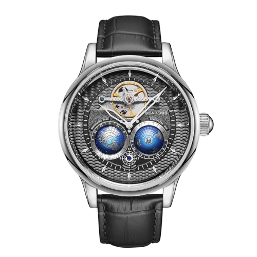 Image of SEAKOSS Luxury Automatic Mechanical Watch for Men, 47mm Skeleton Dress Watch with Dual Hemisphere Dial, Self Winding Movement, Genuine Leather Strap, 5ATM Waterproof