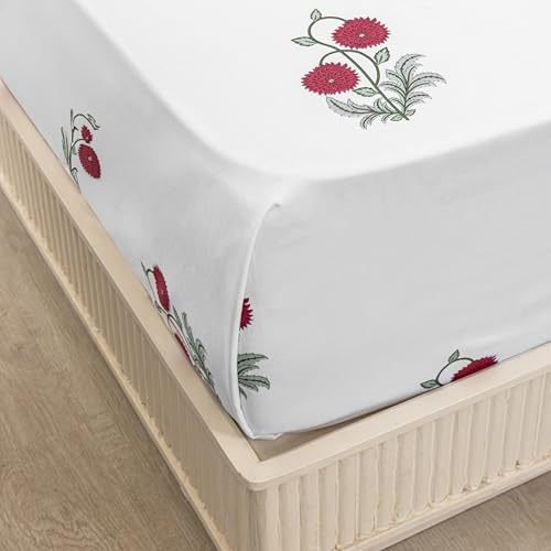 HOMEMONDE 210 TC Bedsheet Queen 90 x 100 Inches Premium Cotton Floral Printed Soft Flat Sheet with 2 Pillow Covers 18 x 28 Inch - Red Rose