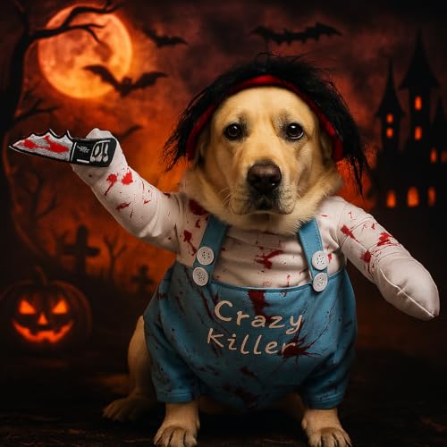 Valicaer Halloween Hundekostüm Chucky,Hund Schreckliches Kostüm Lustiges Haustier Kostüm für kleine bis große Hunde und Katze, Party- und Cosplay Anzug Dog Killers (L)