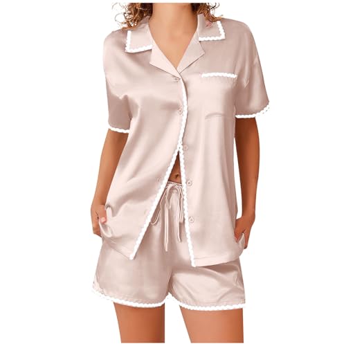 Pijama Mujer Verano Manga Corta Pijamas Mujer de Satén Conjunto Camisa Color Sólido en Cuello Solapa y Pantalones Corto Casual Ropa de Dormir con Bolsillos Primavera Verano Traje de Casa Ofertas
