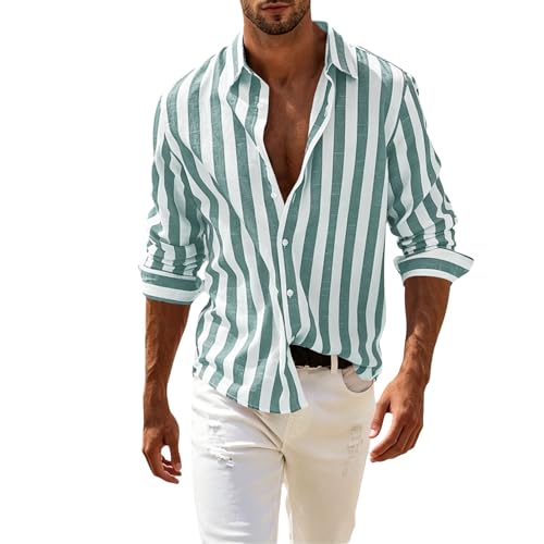 Image of Men's Cotton Linen Striped Button Down Shirt Long Sleeve Casual Spread Collar Shirts for Men Regular Fit Summer Tops Mens Bodysuit (Green, M) Light Blue Polo 1/4 Zip Warm UK Flannel Check Loose