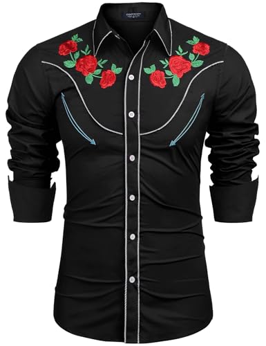 COOFANDY Men's Western Cowboy Shirt Long Sleeve Slim Fit Rose Embroidered Cotton Casual Button Down Shirts