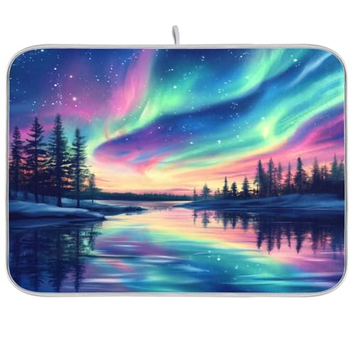 Colorful Aurora Borealis Trees Dish Drying Mat Kitchen Counter Super Absorbent Coffee Large Sink Mat Dish Drainer Pad