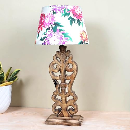 Image of tu casa Mangowood Rustic Brown French Table Lamp for Home Decoration, Bedroom, Living Room, Lounge, Office, Festival Gifting, Study Table (Carnation Print with Satin Shade) H - 21 inch / No Blub
