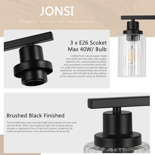 Image of Jonsi 3 Light Modern Black Bathroom Vanity Lights with Fluted Glass Shade, Modern Black Bathroom Lights Over Mirror