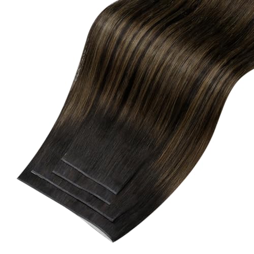 Image of LaaVoo Tape Weft Hair Extensions Balayage Brown Genius Weft Tape in Extensions Darkest Brown to Light Brown Tape in Hair Extension Real Human Hair Invisble 20inch 4pcs 120g