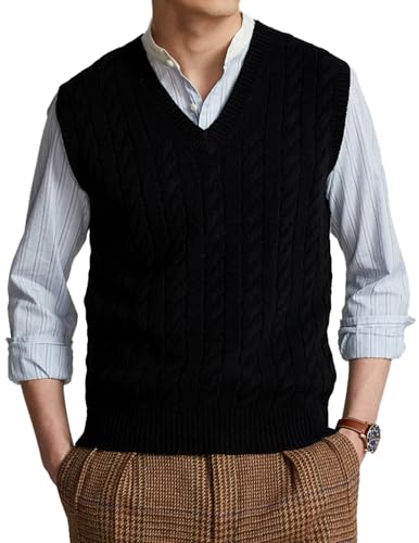 JMIERR Men's Sweater Vests Causal Sleeveless Cable Striped Knit V Neck Pullover