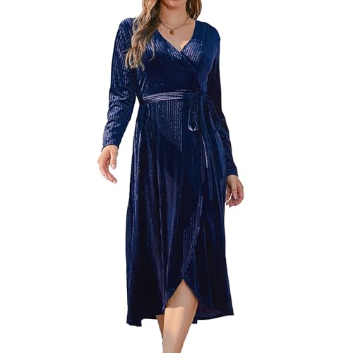 Robe midi à encolure en V plucheuse femme robe à ceinture fendue sexy tenue de soirée bleu 3XL