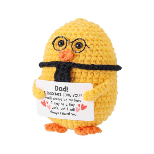 TOYMIS Glasses Tie-Themed Positive Duck, 3.15in Funny Handmade Positive Support Doll Crochet Duck with Inspirational Card Emotional Cheer Up Knitted Dad Gift Decoration for Father's Day