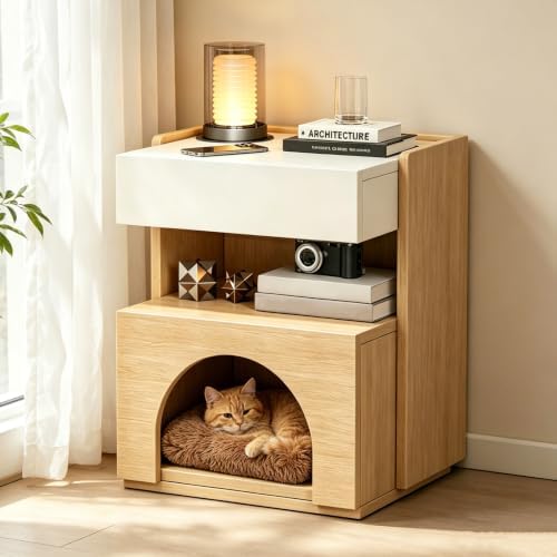 Cat House Nightstand, 2-in-1 Wooden End Table with Hidden Cat Con...