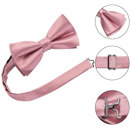 Image of Hi-Tie 5Pcs Mens Solid Color Silk Tie Satin Pretied Bowtie Lapel Pin for Men Handkerchief Cufflink Wedding Gift Box