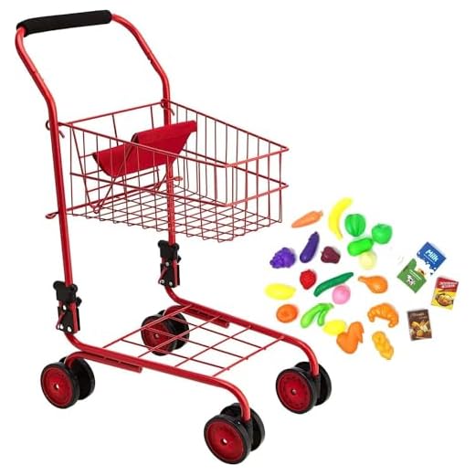 Toy Shopping Cart for Kids and Toddler - Includes Food - Folds for Easy Storage Metal Frame