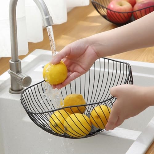 Elegante recipiente de frutas de hierro con ventilación inferior para un mejor secado y exhibición organizada en áreas de comedor o cocina (negro H)
