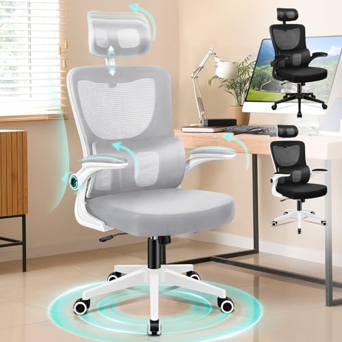 ALFORDSON Silla de Oficina Respaldo Alto, Reposacabezas Ajustable en Altura y Ángulo, Respaldo Ancho, Espuma de Alta Resistencia, Reposabrazos Abatibles, Giro 360°, 180kg, Nyles, Blanco y Gris